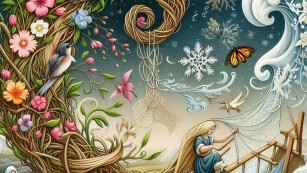Zdjęcie przedstawia kobietę z długimi jasnymi włosami przeplecionymi kwiatami, która na drewnianym urządzeniu do wyrobu tkanin wyplata pajęczynę z płatków śniegu  i swoich włosów. Lewa połowa zdjęcia obrazuje wiosnę a prawa połowa zimę.